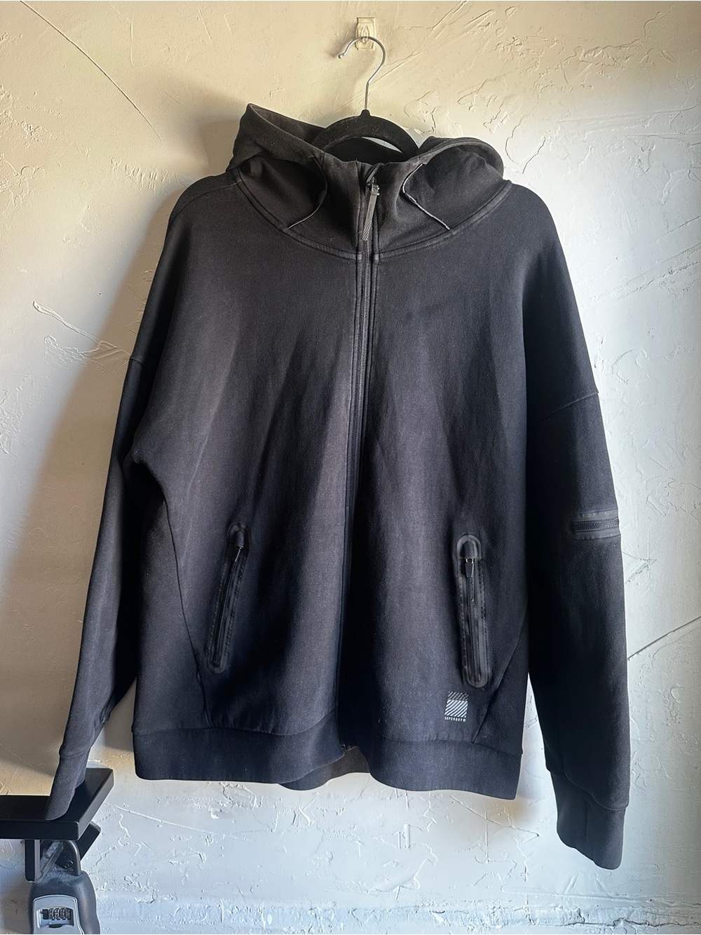 Superdry Tech Zip Hoodie Black XL Streetwear Utility Athleisure Full Zip Jacket